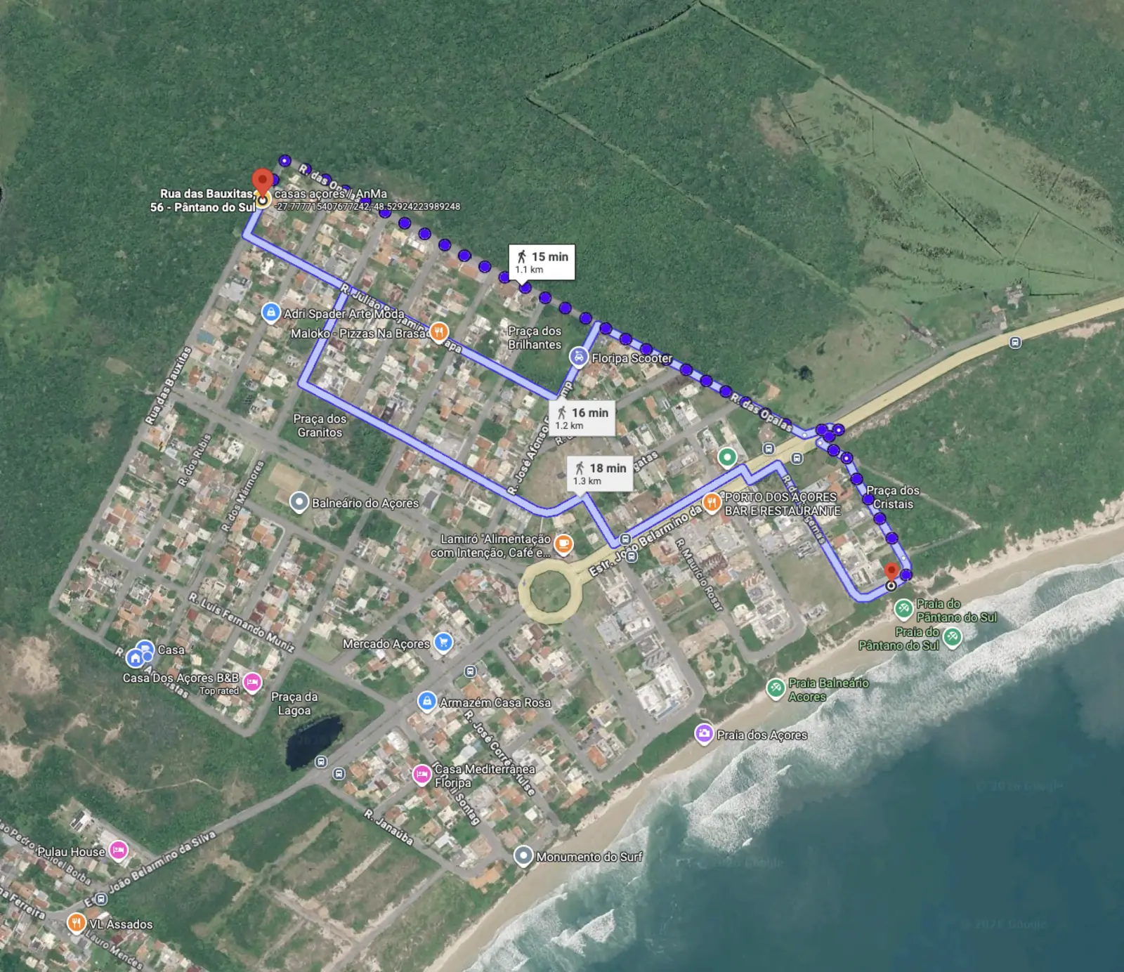 Walking route from Casas Açores to Praia dos Açores, about 1.1 km and 15 minutes on foot